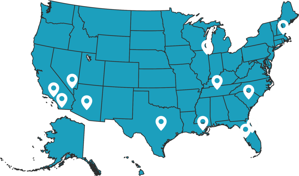 A map of the United States with previous AEP conference locations marked with white location icons.